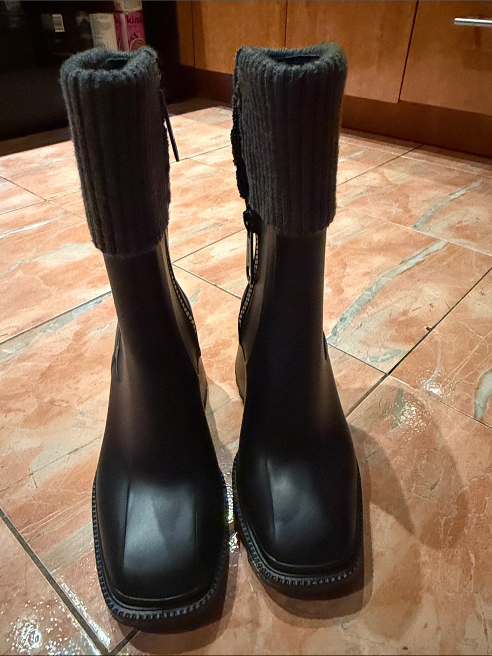 Tendance Black Knit Cuff Rain Boots for Women Made In France - Picture 4 of 5
